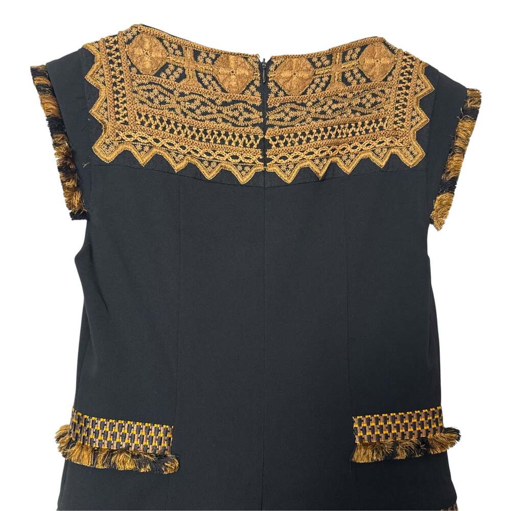 Etro Black Gold Boho Embroidered Tassel Pleated Cap Sleeve Mini Dress Size 4 - Picture 8 of 14
